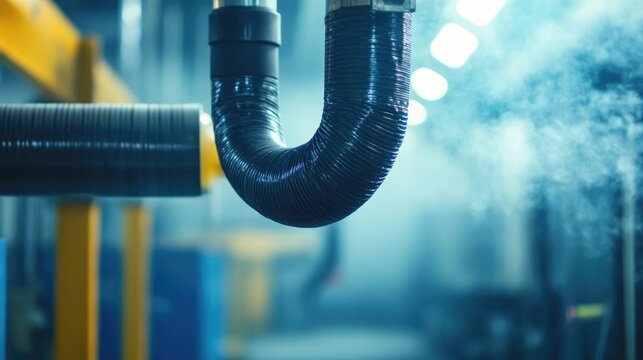 Suction hose connected to a smoke extractor in an industrial area with atmospheric lighting and copy space for text usage