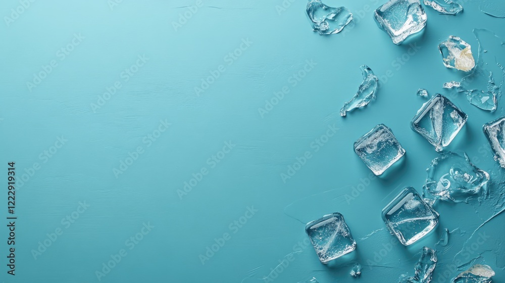 Poster Close up of transparent ice cubes on a blue background with empty space for text showcasing refreshing and cooling concepts.
