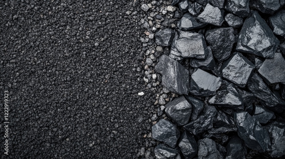 Poster textured close up of asphalt pavement and gravel stones with empty space for design elements or text