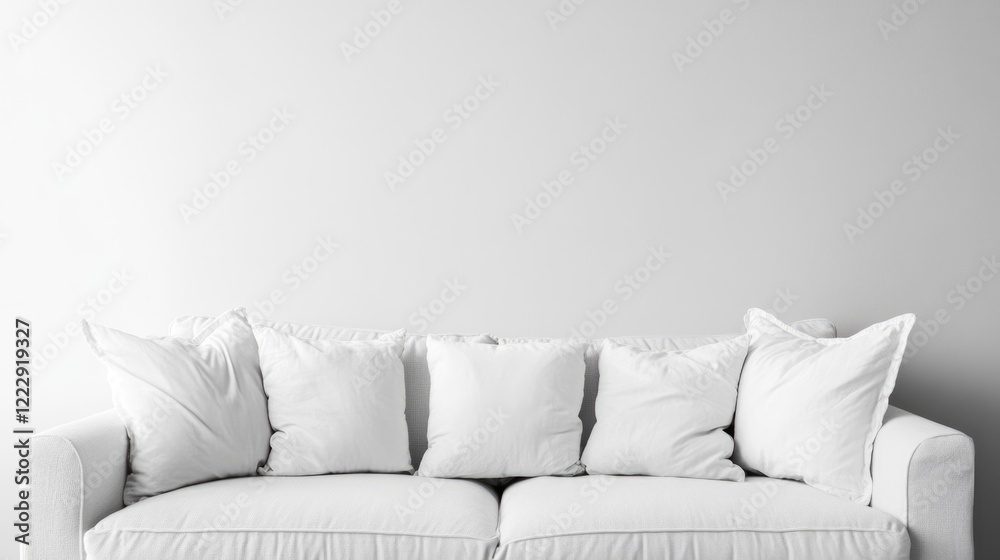 Aufkleber modern white sofa with cushions against a blank wall ideal for showcasing minimalist interior design
