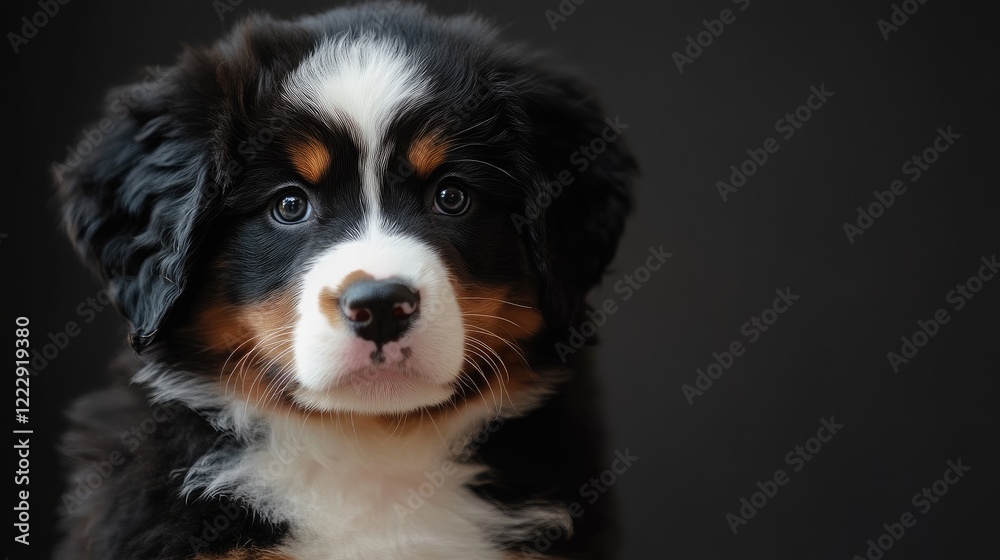 Poster Fluffy puppy portrait with expressive eyes on a dark background featuring ample copy space for text or branding.