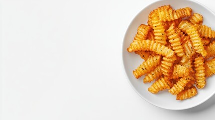 Crispy crinkle cut fries served on a white plate with ample empty space for customizable text or advertising content