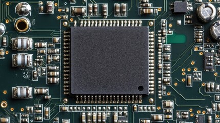 Fototapeta premium Close up of a circuit board featuring an integrated chip with ample space for text and design elements in a technology context