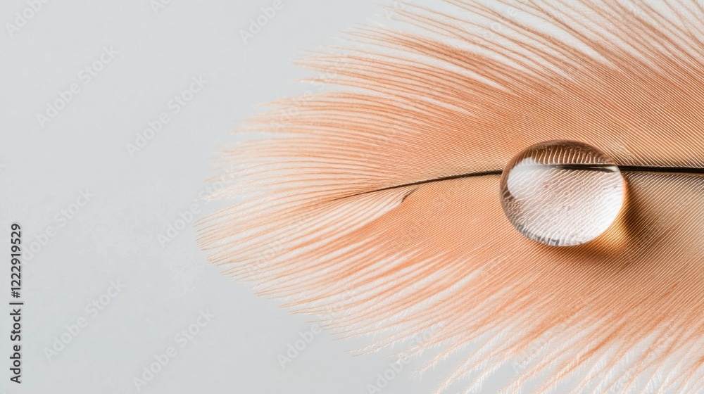Poster close up of a water droplet resting on a soft feather showcasing delicate textures and ample negativ