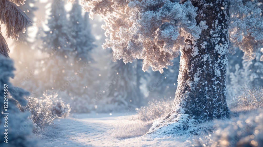 Poster Frosty tree close up in a tranquil winter forest scene with soft sunlight and ample space for text overlay or creative design