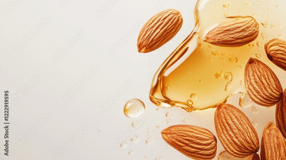 Poster almond oil and nuts arranged artistically on light background showcasing freshness and health with s