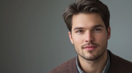 Fototapeta premium Portrait of a Confident Young Male Presenter Against Neutral Background for Text Placement in Advertising or Media Creative Projects