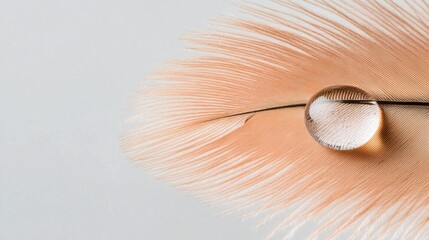 Close up of a water droplet resting on a soft feather showcasing delicate textures and ample negative space for creative overlay ideas