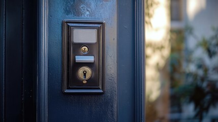 Close up of a residential door intercom and mailbox with blurred background and ample space for text or advertising messages