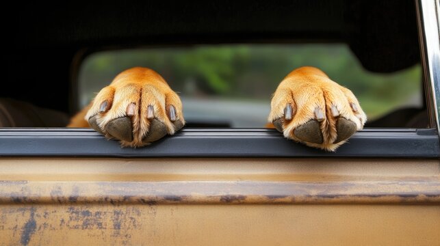 Happy dog's paws resting outside a car window with ample space for text in a joyful travel setting