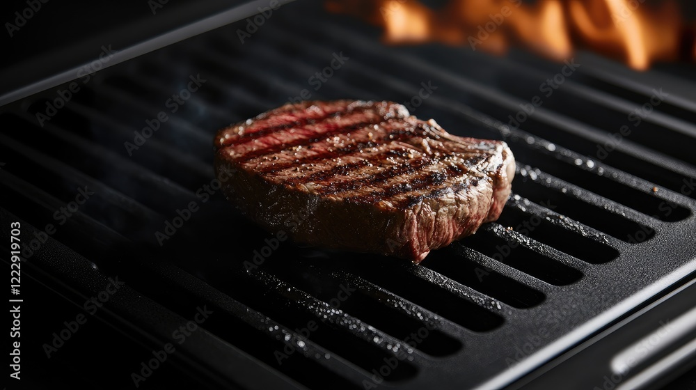 Aufkleber Grill close up showcasing a perfectly charred steak against a dark background with ample empty space for text insertion