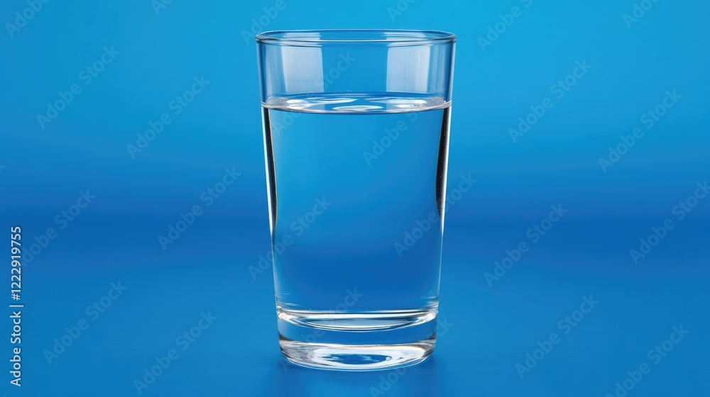 Poster clear glass of refreshing drinking water on a blue background with ample empty space for text and de