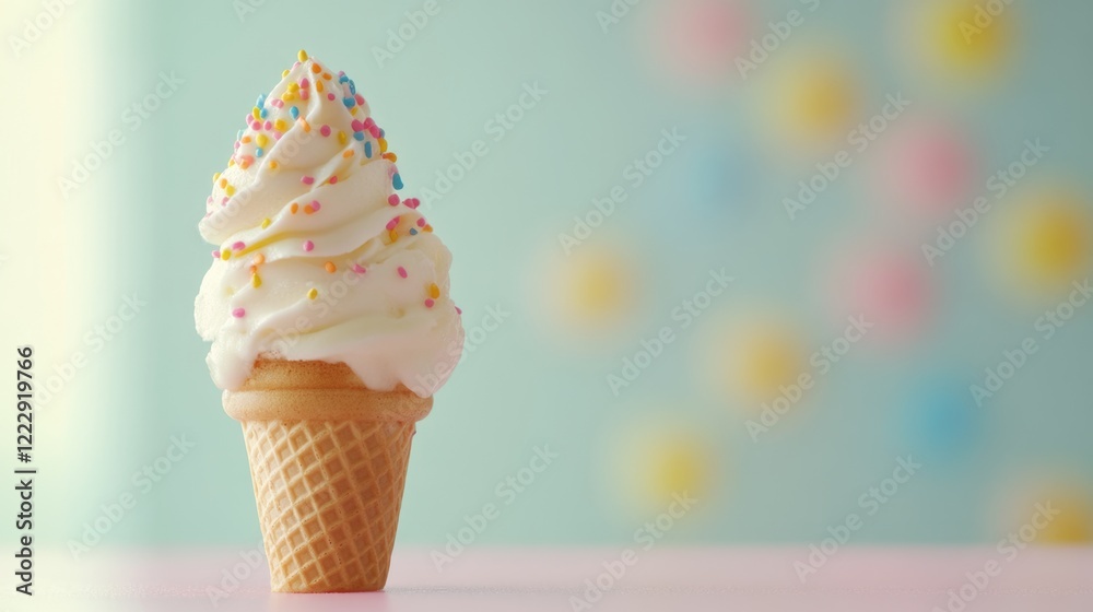 Poster Delicious Ice Cream Cone with Colorful Sprinkles and Soft Focus Background for Text Overlay and Advertising Use