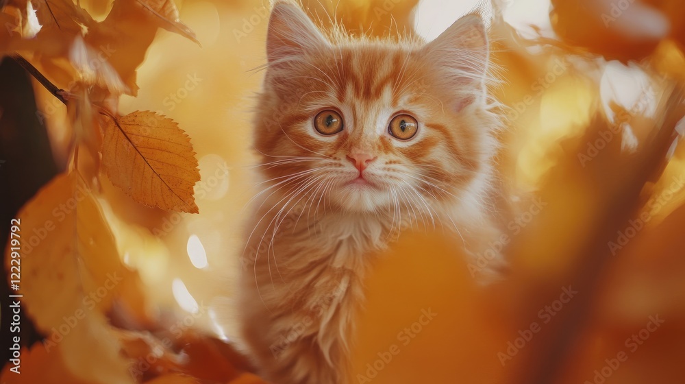 Poster fluffy orange kitten surrounded by vibrant autumn leaves with soft focus creating a warm seasonal at