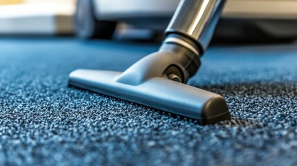 Office cleaning equipment detail with vacuum on blue carpet and blank space for text or advertising message on office cleanliness themes