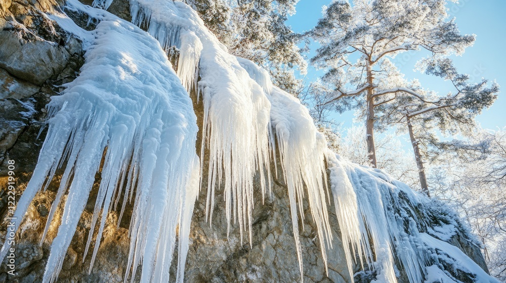 Aufkleber icicles and snow adorning tree branches against a clear blue sky with a natural backdrop creating sp