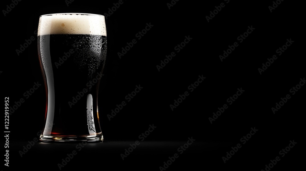 Leinwandbilder close up of a dark ale glass featuring bubbles and foam with an empty space for text on a black back