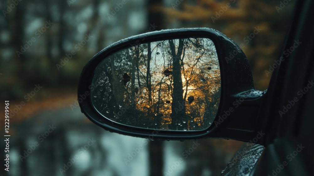 Poster close up of car side mirror reflecting nature scene with sunlight and water drops creating a tranqui