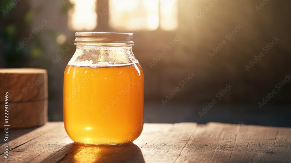 Aufkleber glass jar of fresh orange juice on a wooden table with natural light and ample empty space for creat