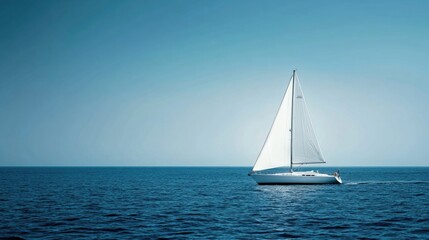 Fototapeta premium Sailing Yacht on Tranquil Ocean Horizon with Clear Blue Sky and Space for Text or Branding