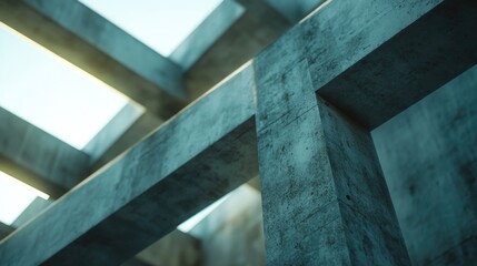 Fototapeta premium Abstract view of concrete structure under construction with geometric lines and blurred background offering ample space for text placement