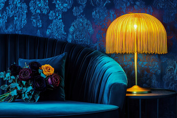 Elegant living room with plush couch, vibrant lamp, and bouquet of roses in a stylish interior design