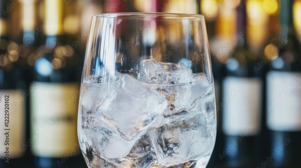 Poster Close up of a glass filled with ice water with blurred wine bottles in the background showcasing refreshing beverage and empty space for text.