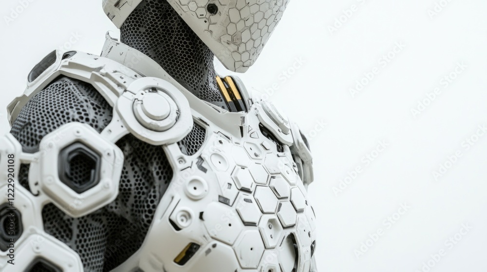 Poster humanoid robot close-up with hexagonal design and empty space for text showcasing advanced technolog