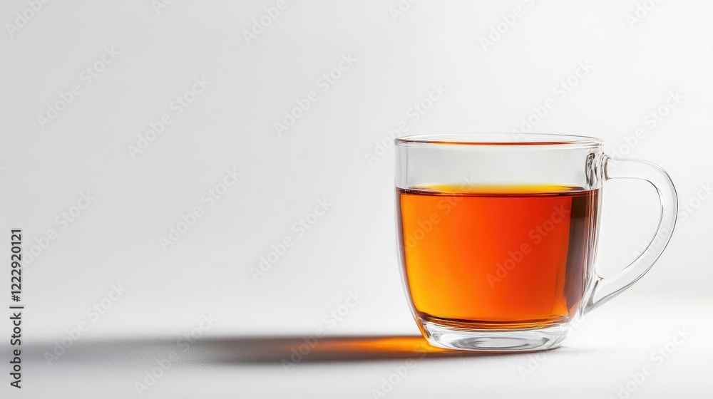 Poster Close up of a glass mug filled with amber liquid highlighting freshness and simplicity on a clean white background for versatile text placement