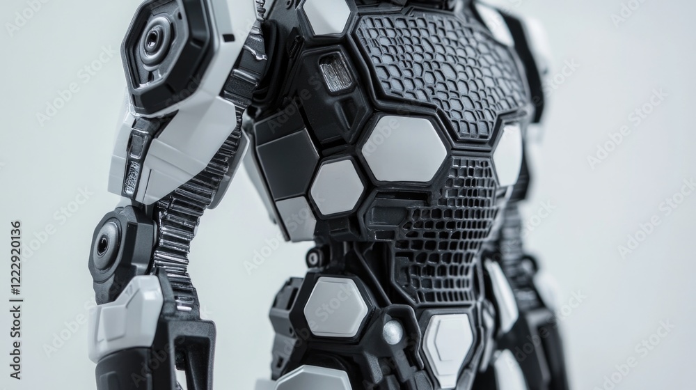 Poster humanoid robot with hexagonal design showcasing futuristic technology and ample copy space for text 