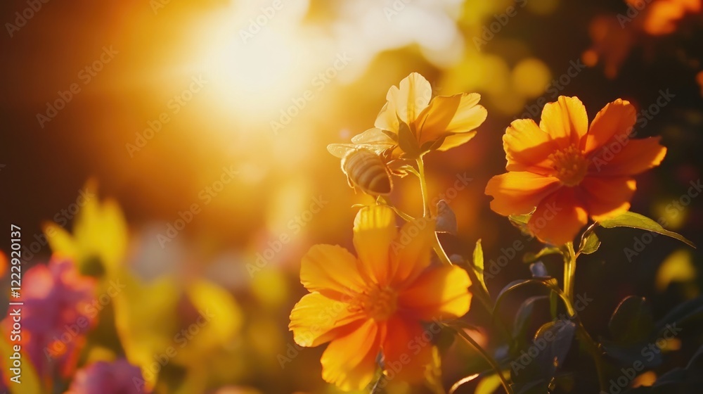 Poster bee collecting nectar from vibrant flowers in warm golden hour light with soft focus background and 