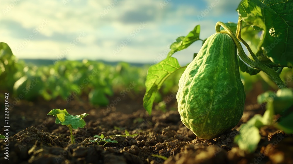 Poster Close up of ripe green chayote gourd growing on a vine in a field under a bright sky with ample copy space for text and design elements