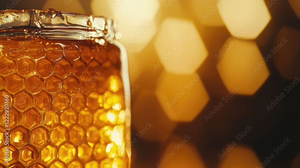 Aufkleber Close up of honeycomb and a jar of golden honey with warm background and empty space for text and branding purposes