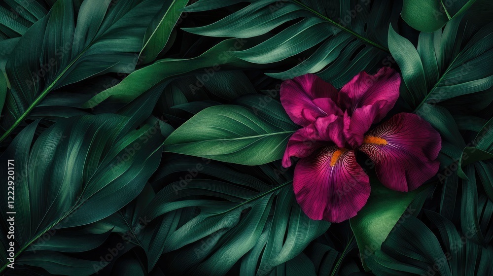 Poster Fuchsia iris flower amidst rich green foliage with ample empty space for text and design elements in a serene botanical setting