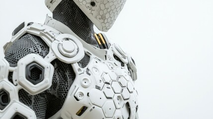 Humanoid robot close-up with hexagonal design and empty space for text showcasing advanced technology and futuristic aesthetics