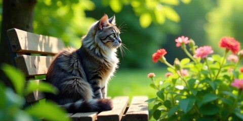 A fluffy feline companion peacefully rests on a wooden bench amidst a vibrant garden, bathed in the warm glow of sunlight.