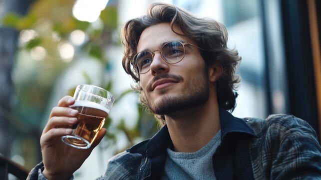 Man enjoying a drink while conversing in a relaxed setting with ample empty space for text and branding opportunities