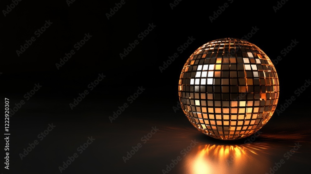 Poster Illuminated disco ball with vibrant reflections and dark background ideal for events party promotions and customizable text space