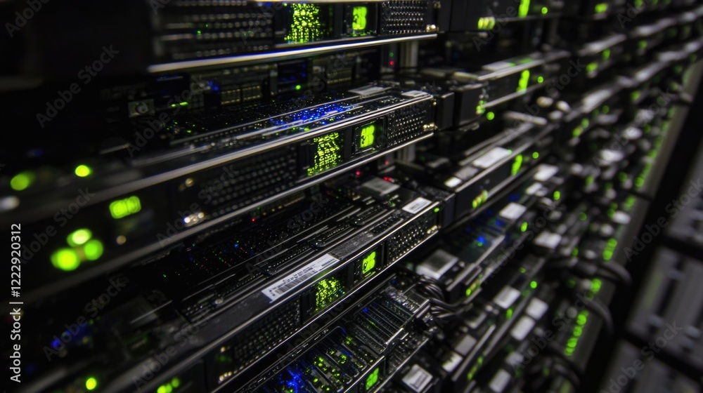 Poster data center technology featuring server racks with illuminated indicators and ample space for text a