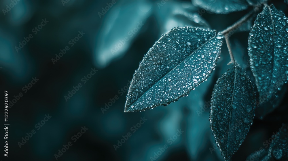 Aufkleber Close up of a green leaf adorned with morning dew surrounded by soft focus background providing ample space for creative text placement