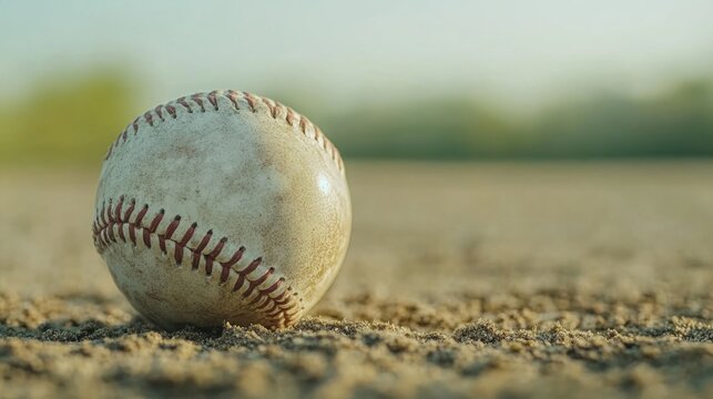 Close up of a softball resting on a baseball field with blurred background ideal for sports related content and text overlay