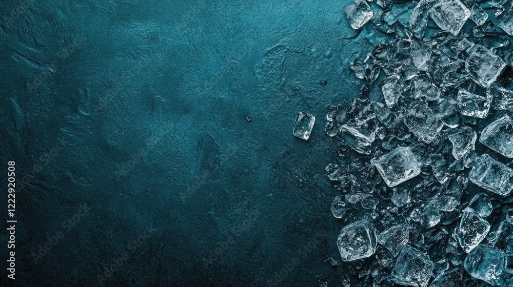 Fototapete Close up of ice cubes scattered on a textured teal background with ample empty space for text placement or graphic design elements