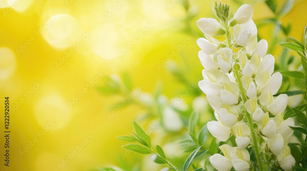 Poster Close up of white flowering vetch against a soft yellow background with ample space for text addition or branding purposes
