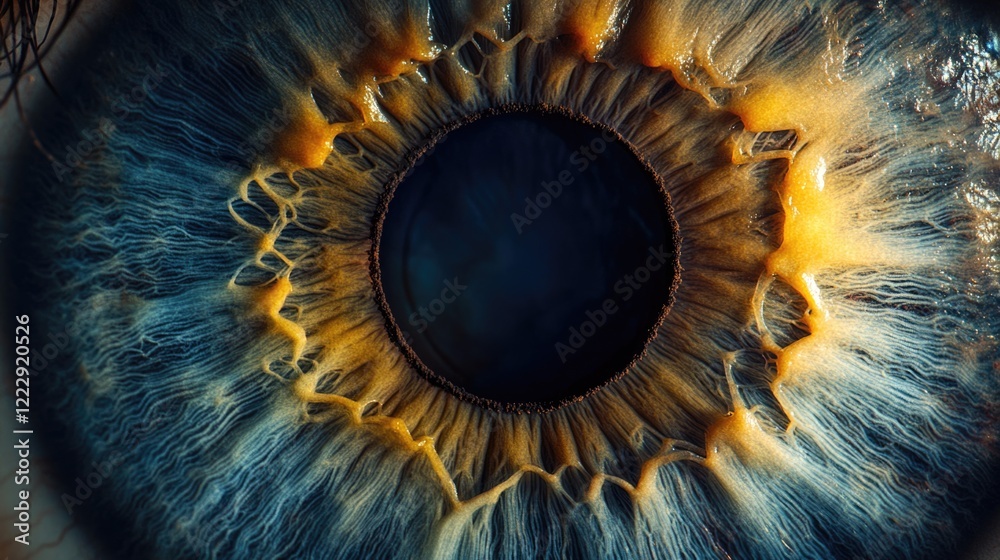 Poster macro shot of human eye highlighting intricate iris and pupil details with blank area for text overl