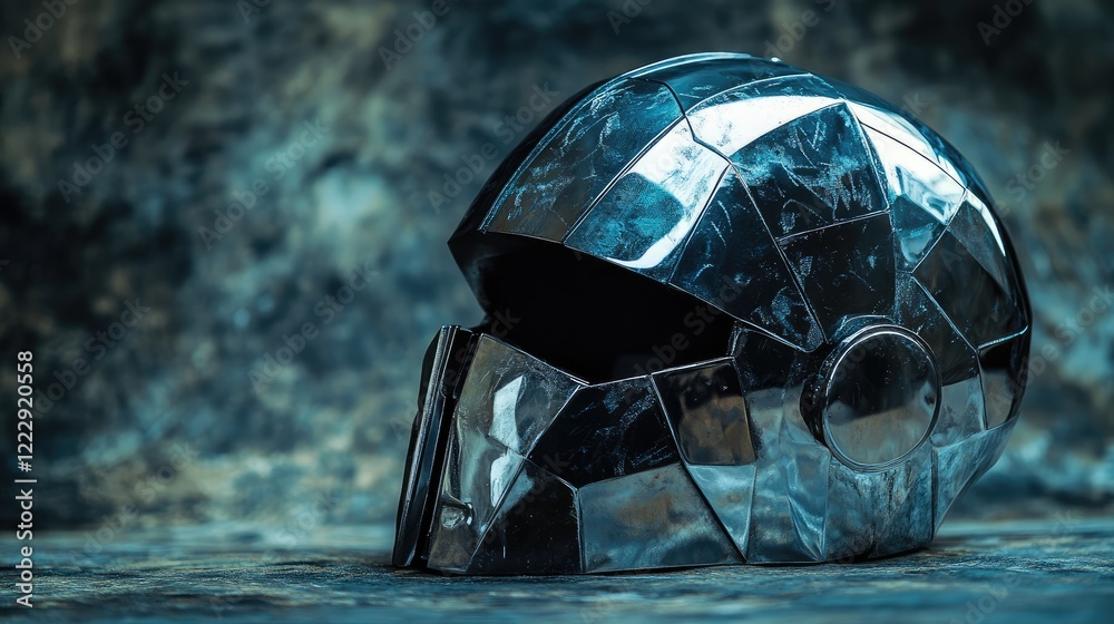 Poster Futuristic metallic helmet showcasing intricate design with blank space for customization or text overlay in a creative setting
