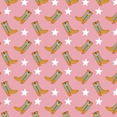 Cowboy boots pattern with pink background and white stars texture.