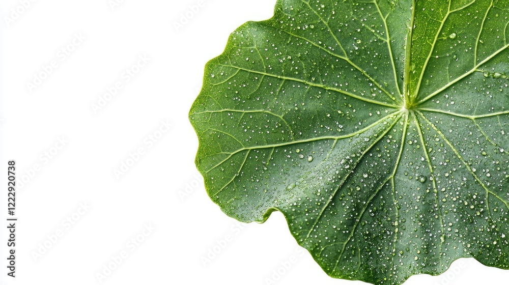 Poster close up of a fresh green leaf adorned with raindrops set against a clean white background for text 