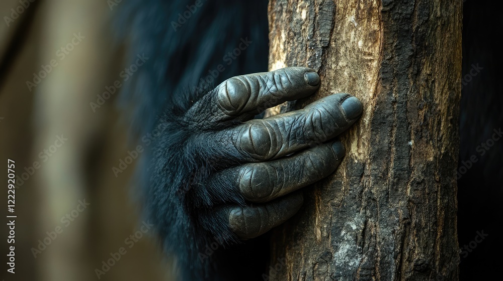 Poster Gorilla hand gripping a dead tree with textured bark featuring ample copy space for text and design elements.