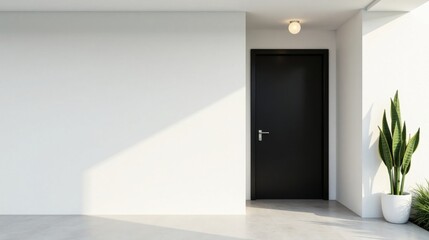 Obraz premium Minimalist interior design featuring a blank white wall, a sleek black door, and a potted plant, creating a serene and modern atmosphere.