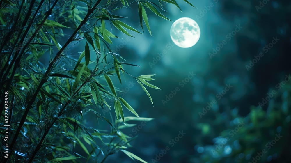 Poster Serene night view of a bamboo forest illuminated by moonlight featuring tranquil atmosphere and ample space for text overlay